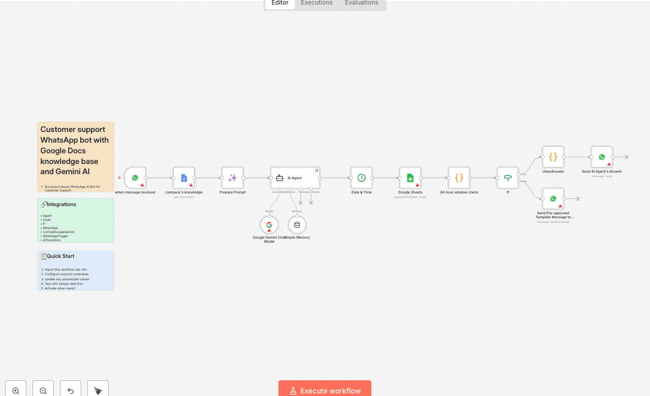Customer support WhatsApp bot with Google Docs knowledge base and Gemini AI
