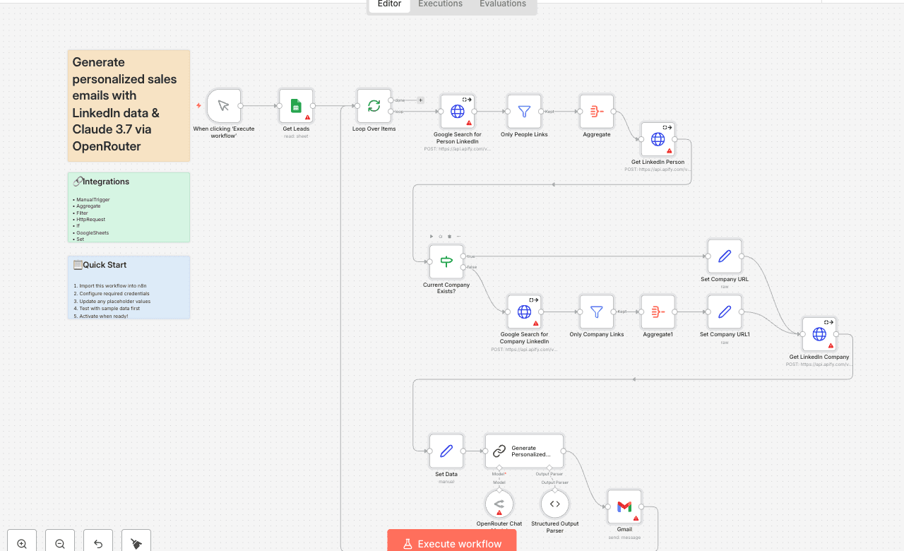 Generate personalized sales emails with LinkedIn data & Claude 3.7 via OpenRouter