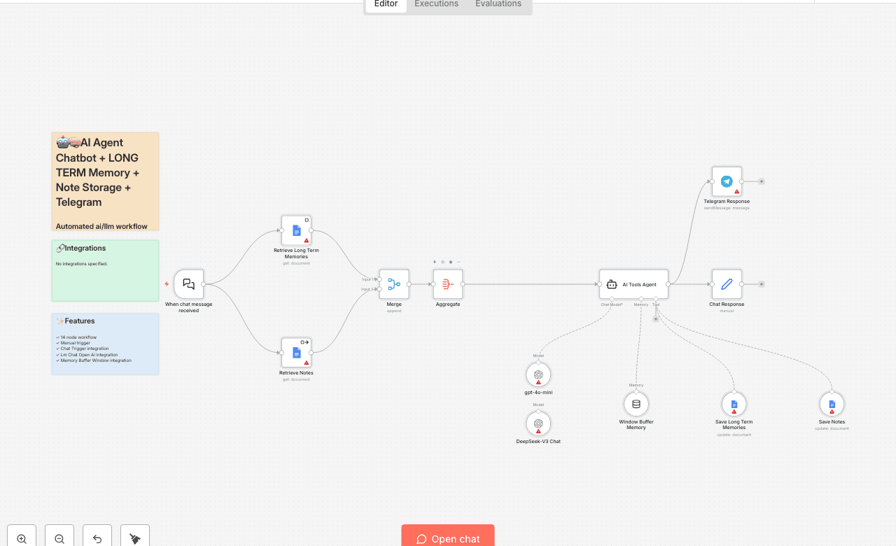 🤖🧠 AI Agent Chatbot + LONG TERM Memory + Note Storage + Telegram